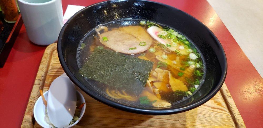 Hanaichi Ramen · Soy sauce soup base, green onion, nori, bamboo shoots, a slice of pork, and fish cake.