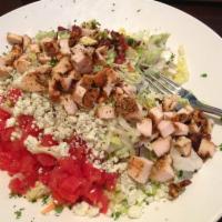 Blackened Chicken Cobb Salad · Mixed greens, Gorgonzola crumbles, blackened chicken breast, diced tomatoes, avocado, egg an...