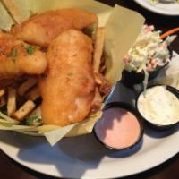 Fish and Chips · 3 pieces of battered cod, served with Maui Waui fries and big kahuna coleslaw.