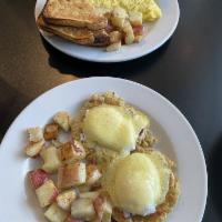 Crab Cake Benedict · 2 poached eggs, 2 Maryland style crab cakes, and hollandaise sauce.