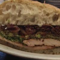 Doc Weston Sandwich · Chicken, avocado, bacon, alfalfa sprouts, and herbed aioli on a ciabatta roll.