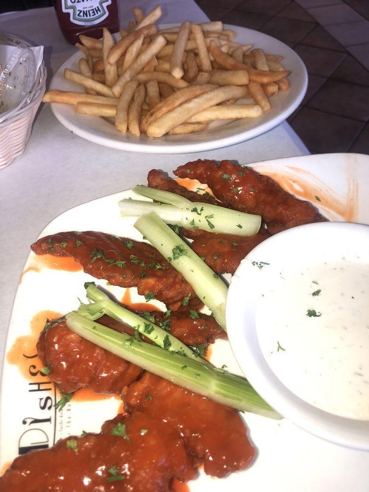 Buffalo Chicken · Fried chicken strips tossed in spicy buffalo sauce and served with ranch.