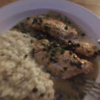 Chicken Piccata · Sauteed in white wine lemon butter with capers, served with spaghetti.