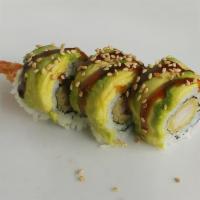 Green Dragon Roll · Inside: shrimp, tempura and cucumbers. Top: avocado and eel.