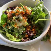 Brussels Sprouts Salad · Kale, romaine, Brussels sprouts, manchego, spicy marcona almonds, bacon, dried cherries with...