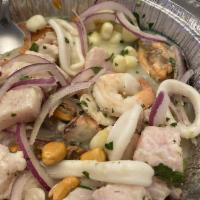 Ceviche Mixto · Calamari, Mediterranean octopus, shrimp, green mussels and pieces of fish marinated in lime ...