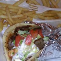 Lamb Gyro with Fries and Salad · 