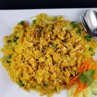 Crab Fried Rice · Rice, crab meat, egg, green onion, pea and carrot.