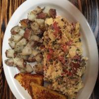 Pork and Roasted Onion and Jack Cheese Scramble · 