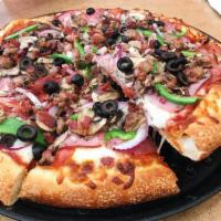 Earthquake Pizza · Pepperoni, smoked ham, salami, red onions, green bell peppers, fresh mushrooms, black olives...