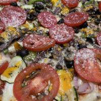 Santa Cruzer Pizza · Red onions, green bell peppers, fresh mushrooms, black olives, zucchini and fresh tomatoes.