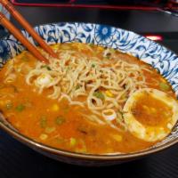 Spicy Miso Ramen · Pork or Chicken broth with miso, ground pork, marinated egg, takana, cabbage, bean sprouts, ...
