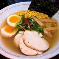 Chicken Shio Ramen · Chicken broth with fried chicken, marinated egg, bamboo shoot and leeks