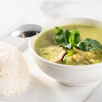 Green Curry · Green curry chili paste in coconut milk with bamboo shoot, bell pepper, basil and eggplant.