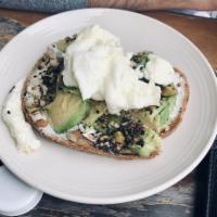 Avocado Toast · goat cheese, sliced avocado, dukkah (contains nuts), olive oil, kosher salt and pepper on ou...