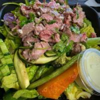 Alpha Meal Salad · Inspired by athletes, grilled steak tossed with course-cut chimichurri, jalapeno aioli.