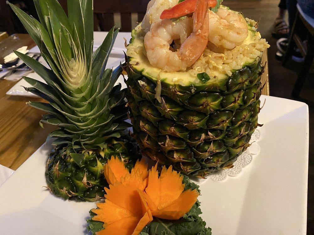 Pineapple Fried Rice · Thai fried rice with cumin flavor, pineapple, cashew nut with chicken and shrimp.