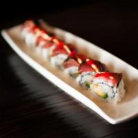 Sky Roll · Creamy scallops, avocado, tobiko and seared tuna on top with pepper and spicy mayo, balsamic...