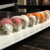 Rainbow Roll · California roll with 4 kinds of fish and avocado on top.