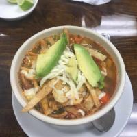 Chicken Tortilla Soup · Chicken broth with shredded chicken, chipotle sauce, Monterrey Jack, avocado slices, and tor...