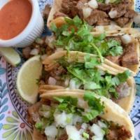 Street Tacos · 3 Tacos  with your choice of Meat.  Served with Beans & Rice and prepared A-la-Mexicana Styl...