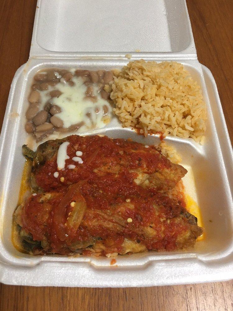 Chile Relleno (1) Plate · A delicious Chile Poblano stuffed with Mozzarella cheese and covered in a homemade tomato-onion-garlic sauce.  Accompanied with Rice & Beans.