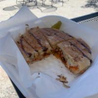 Grilled Chicken · Homemade bread, veggie spread, mayo, pickles, feta, onion, olives, grilled chicken, provolon...
