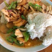 Potato Curry · Fried potato, onion, bell pepper, red coconut curry sauce. Served with a scoop of rice. Glut...