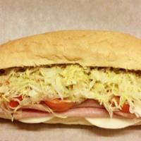 Italian Sub · Salami, Capicola, and mortadella with Italian dressing, provolone, lettuce and tomatoes.