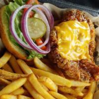 The Earl of Chicken Sandwich · Fried or grilled chicken breast topped with honey pepper BBQ sauce and cheese. Comes with le...