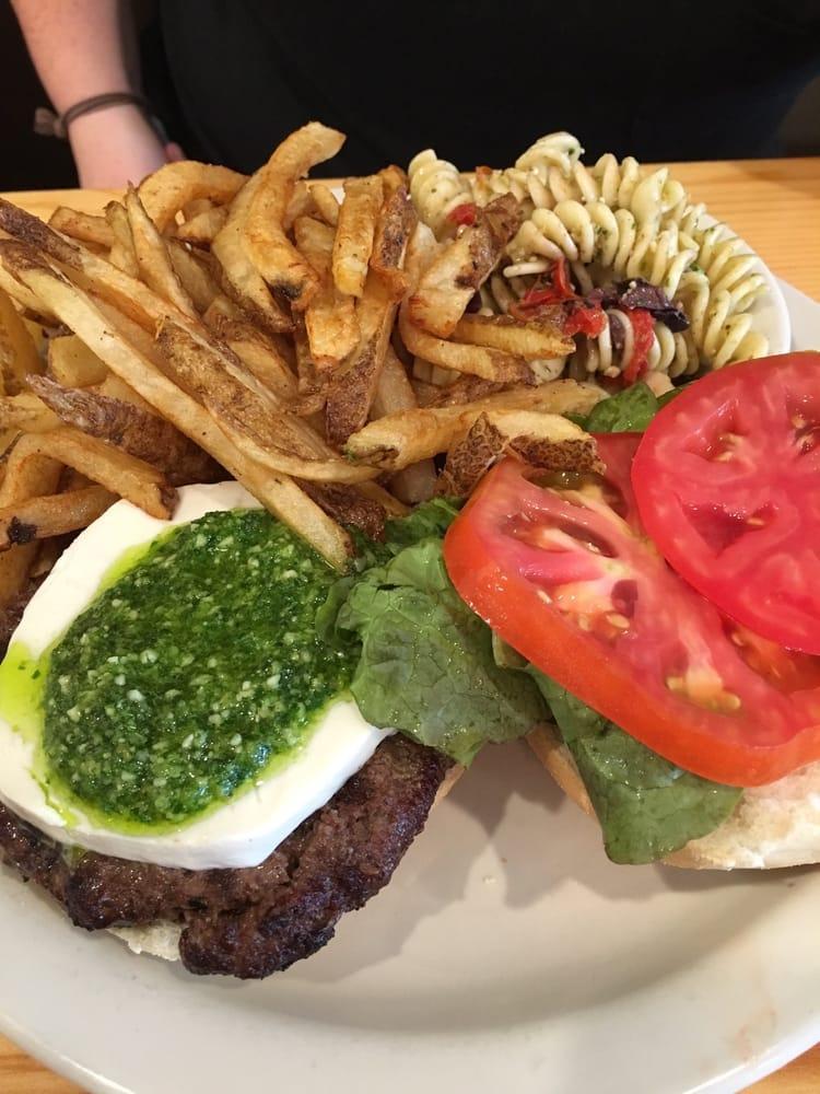 Pesto Burger · Fresh mozzarella and basil pesto. Cooked to order served on ciabatta with lettuce, tomato and hand cut fries Turkey or vegan patty available.