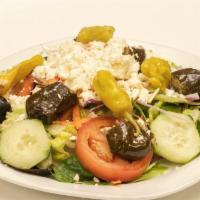 Greek Salad · Mixed greens, grape leaves, feta cheese, Pepperoccini
Spring Mix, Iceberg Lettuce, Cucumber,...