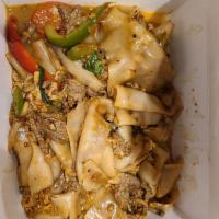 Phad Kee Mao · Wide rice noodle, stir-fried with egg, broccoli, bell pepper, mushroom, bamboo shoot, onion ...