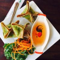 Crab Rangoons · Crab sticks, onions, cilantro with cream cheese wrapped in crispy wonton. Served with plum s...