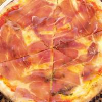 Prosciutto Pizza · Tomato basil sauce, fior di latte, and prosciutto di Parma.