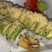 Super Dragon · Avocado, cream cheese, shrimp tempura with crab salad and top with avocado and flake.