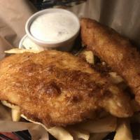 Fish and Chips · Beer battered cod, fries, tartar sauce, lemon bleu cheese slaw.
