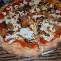 Spicy Sausage and Caramelized Onion Pizza · Spicy Italian sausage, caramelized onions, tomato sauce, mozzarella.