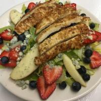 Berry Salad · With grilled chicken spring mix, red cabbage, carrots, strawberry, apples, blueberry and cru...