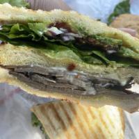 Super California Sandwich · Triple decker sourdough, mayo, mustard, avocado, lettuce, tomato, onion, bacon and provolone...