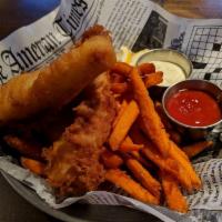 Fish and Chips · House Beer battered True Cod, french fries, house made tartar sauce.