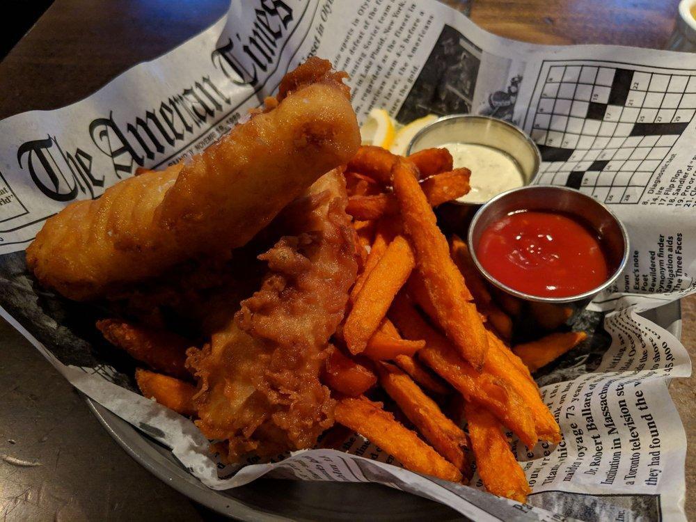 Fish and Chips · House Beer battered True Cod, french fries, house made tartar sauce.