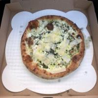 Pesto Pie Pizza · Mozzarella, pesto sauce, and shaved Parmesan.