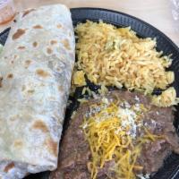 Al Pastor Burrito · Marinated pork, guacamole, onion, and cilantro