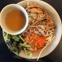 Vermicelli Bowl · Bun thit nuong. Bed of rice vermicelli noodle, fresh bean sprouts, lettuce, cucumbers, pickl...