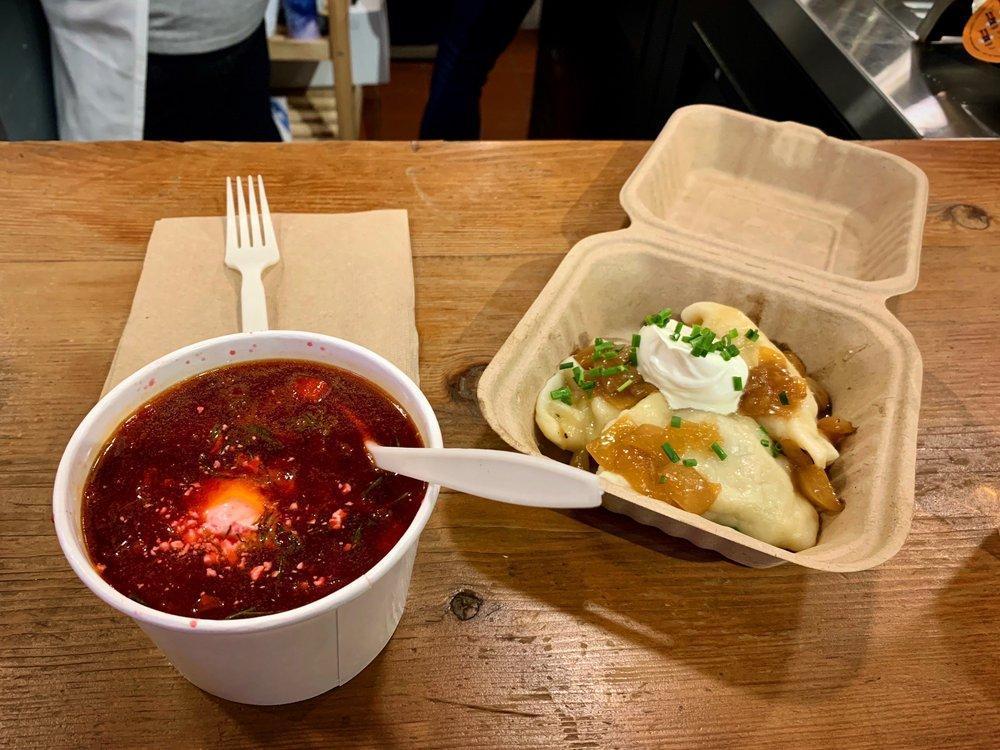 Traditional Borscht · Classic beef-based, hot and chunky beet soup served with sour cream and herbs.
12 oz.