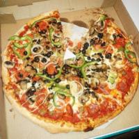 Deluxe Pizza · Pepperoni, sausage, mushrooms, bell peppers, black olives, onions and tomato sauce.
