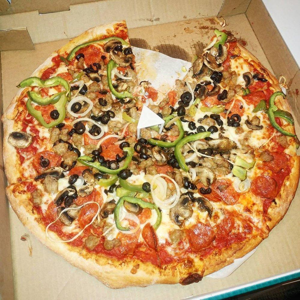 Deluxe Pizza · Pepperoni, sausage, mushrooms, bell peppers, black olives, onions and tomato sauce.