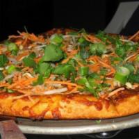 Thai Chicken Pizza · Roasted chicken, scallions, bean sprouts, shredded carrots, cilantro, peanuts and spicy pean...
