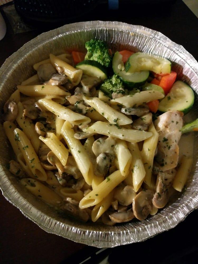 Chicken Marsala · Chicken breast sauteed with a rich cream Marsala wine and roasted garlic mushroom sauce over penne. Served with a side of sauteed vegetables.